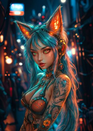 Cyberpunk Fox Girl: Neon City Dreams - Premium Wooden Framed Poster. Ready to Hang.