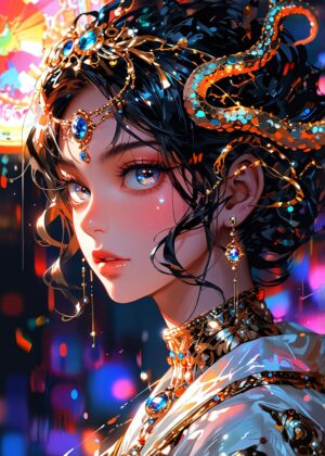 Radiant Anime Girl in Gold: A Digital Art Print - Premium Wooden Framed Poster. Ready to Hang.