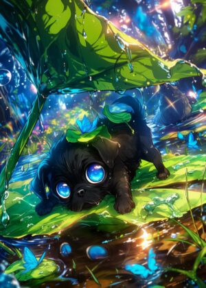 Adorable Puppy in Enchanting Forest - Premium Wooden Framed Poster. Ready to Hang.