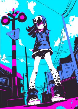 Anime Girl in Vibrant Cityscape - Premium Wooden Framed Poster. Ready to Hang.
