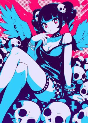 Angel Skull Girl: Cyberpunk Anime Art Print - Premium Wooden Framed Poster. Ready to Hang.