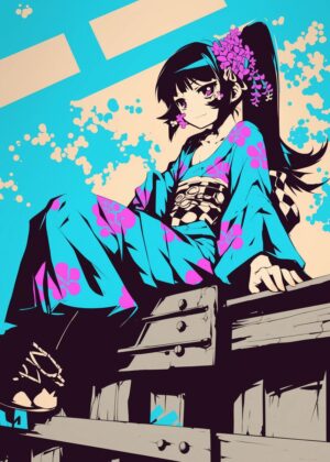 Anime Girl in Vibrant Kimono Artwork - Premium Wooden Framed Poster. Ready to Hang.