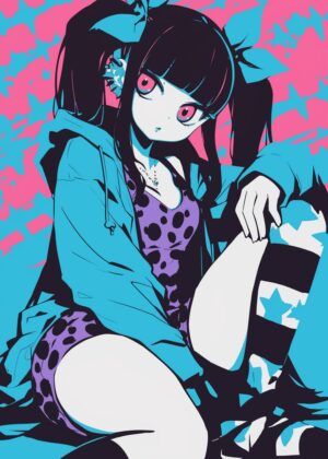 Anime Girl in Blue and Pink: Vibrant Style Illustration - Premium Wooden Framed Poster. Ready to Hang.