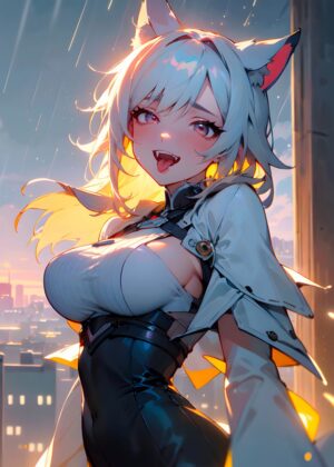 Adorable Anime Girl with Cat Ears in a Cityscape - Premium Wooden Framed Poster. Ready to Hang.