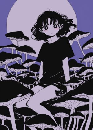 Anime Girl Amongst Mushrooms: A Night in the Forest - Premium Wooden Framed Poster. Ready to Hang.