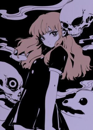 Anime Girl and Skulls: Dark Fantasy Art Print - Premium Wooden Framed Poster. Ready to Hang.
