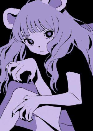 Purple Anime Girl with Bear Ears: Digital Art Print - Premium Wooden Framed Poster. Ready to Hang.