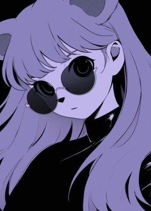 Stylish Purple Anime Girl with Sunglasses - Premium Wooden Framed Poster. Ready to Hang.