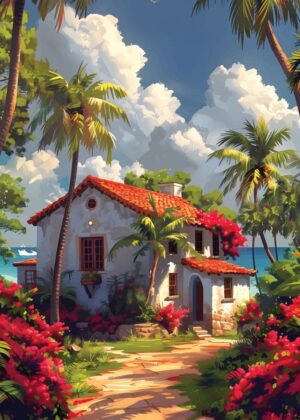 Kame House: Tropical Paradise Print - Premium Wooden Framed Poster. Ready to Hang.