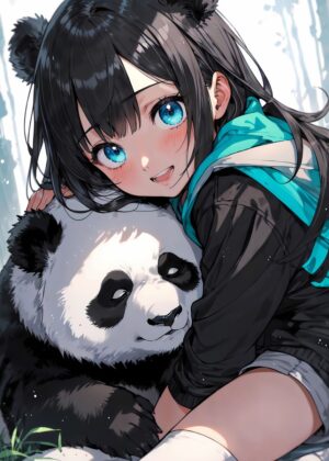 Adorable Anime Girl Cuddling a Panda - Premium Wooden Framed Poster. Ready to Hang.