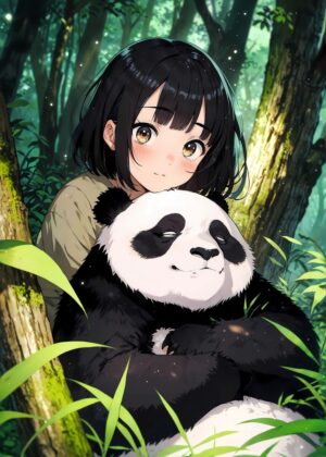 Anime Girl and Panda in a Forest - Premium Wooden Framed Poster. Ready to Hang.