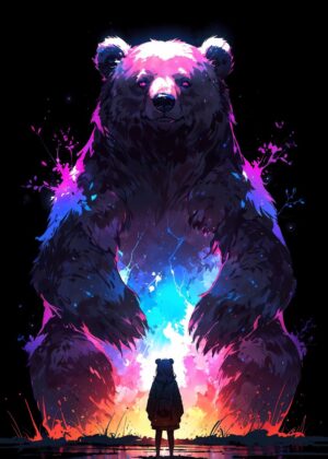 Girl and Giant Bear: A Cosmic Encounter - Premium Wooden Framed Poster. Ready to Hang.