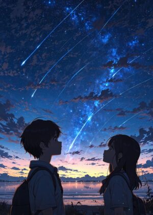 Anime Couple Under a Shower of Shooting Stars - Premium Wooden Framed Poster. Ready to Hang.