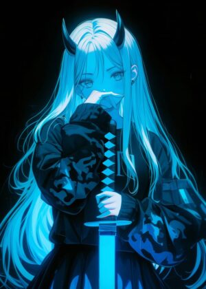 Neon Blue Samurai Anime Girl Art Print - Premium Wooden Framed Poster. Ready to Hang.