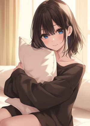 Anime Girl Cuddling Pillow: Cute and Cozy Art Print - Premium Wooden Framed Poster. Ready to Hang.