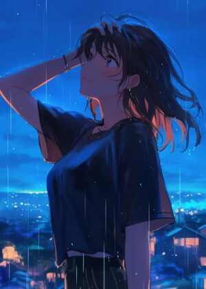 Anime Girl in the Rain: A Melancholic Night - Premium Wooden Framed Poster. Ready to Hang.