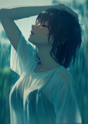 Anime Girl in the Rain: A Serene Moment Captured - Premium Wooden Framed Poster. Ready to Hang.