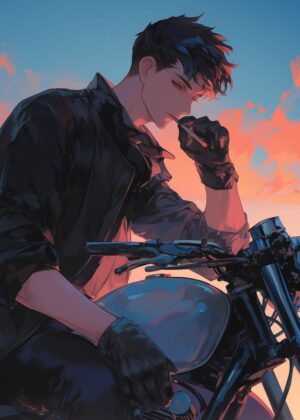 Anime Boy on Motorcycle Sunset Art Print - Premium Wooden Framed Poster. Ready to Hang.