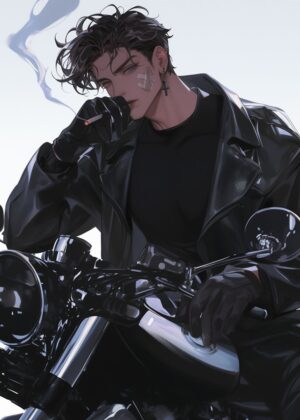 Cool Anime Biker Boy on Motorcycle Art Print - Premium Wooden Framed Poster. Ready to Hang.