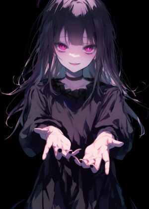 Mysterious Anime Girl with Vivid Pink Eyes - Premium Wooden Framed Poster. Ready to Hang.