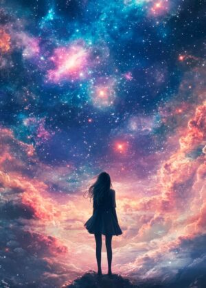 Girl Gazing at the Stars: A Dreamy Celestial Artwork - Premium Wooden Framed Poster. Ready to Hang.