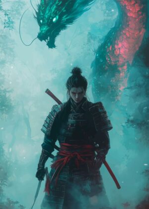 Samurai and Dragon: A Mystical Encounter - Premium Wooden Framed Poster. Ready to Hang.