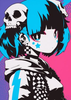 Cyberpunk Anime Girl with Skull Accessory - Premium Wooden Framed Poster. Ready to Hang.