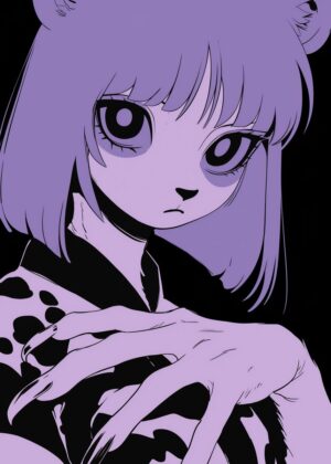 Mysterious Purple Anime Girl with Claws - Premium Wooden Framed Poster. Ready to Hang.