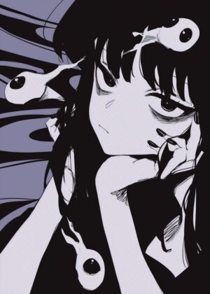 Anime Girl with Eyes: Dark Fantasy Art Print - Premium Wooden Framed Poster. Ready to Hang.