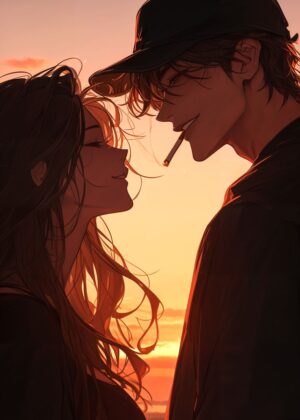 Anime Couple Sunset Romance - Premium Wooden Framed Poster. Ready to Hang.