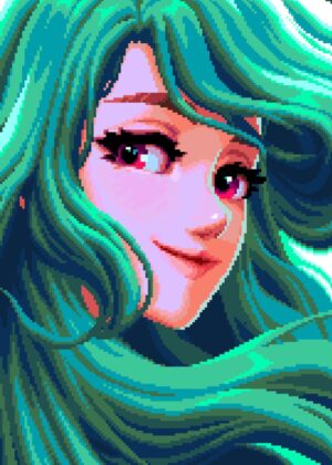Green Hair Anime Girl Pixel Art - Premium Wooden Framed Poster. Ready to Hang.