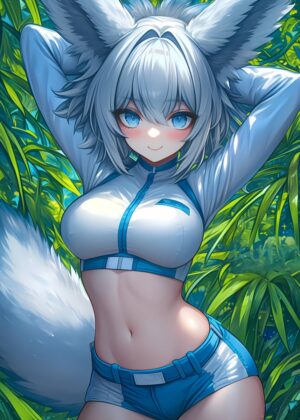 Anime Fox Girl in White and Blue Athletic Wear - Premium Wooden Framed Poster. Ready to Hang.
