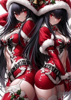 Twin Santa Girls Anime Waifu Art Print - Premium Wooden Framed Poster. Ready to Hang.