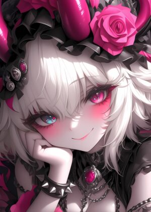 Anime Girl with Pink Horns: A Whimsical Digital Art Print - Premium Wooden Framed Poster. Ready to Hang.