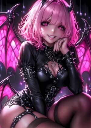 Pink-Haired Demon Girl Anime Art Print - Premium Wooden Framed Poster. Ready to Hang.