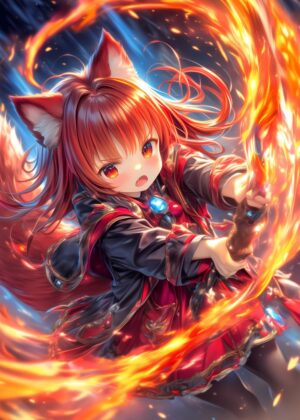 Fiery Anime Waifu: A Blaze of Beauty - Premium Wooden Framed Poster. Ready to Hang.