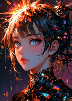 Anime Girl with Striking Blue Eyes: A Digital Art Print - Premium Wooden Framed Poster. Ready to Hang.