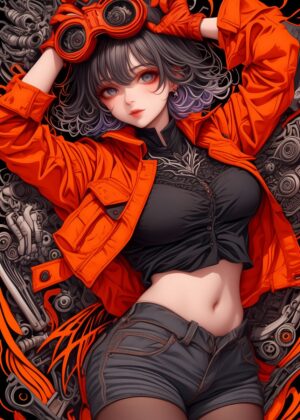 Anime Girl in Vibrant Red Jacket - Premium Wooden Framed Poster. Ready to Hang.