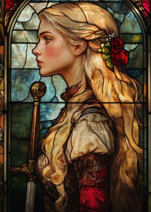 Stained Glass Warrior Woman Art Print - Premium Wooden Framed Poster. Ready to Hang.