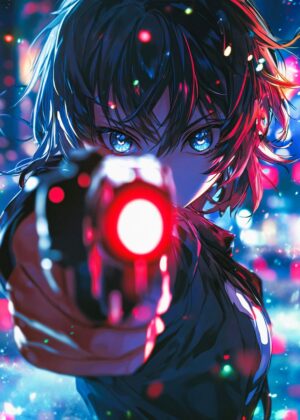 Anime Girl with Gun: Cyberpunk Action Art Print - Premium Wooden Framed Poster. Ready to Hang.