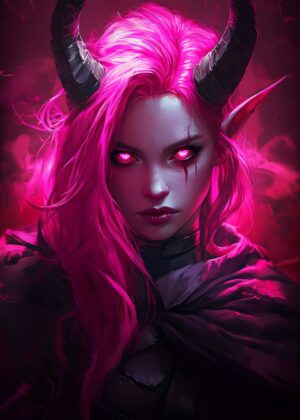 Pink-Haired Demoness: Digital Fantasy Art Print - Premium Wooden Framed Poster. Ready to Hang.