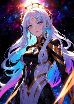 Anime Girl in the Cosmos: A Celestial Masterpiece - Premium Wooden Framed Poster. Ready to Hang.