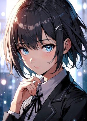 Anime Girl with Blue Eyes and Bob Haircut - Premium Wooden Framed Poster. Ready to Hang.
