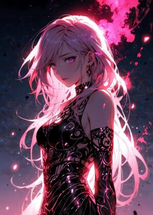 Anime Girl with Pink Hair: Fiery Elegance - Premium Wooden Framed Poster. Ready to Hang.