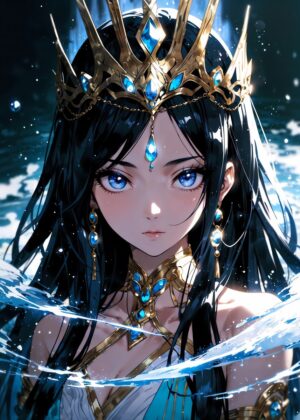 Anime Water Queen: Digital Art Print - Premium Wooden Framed Poster. Ready to Hang.