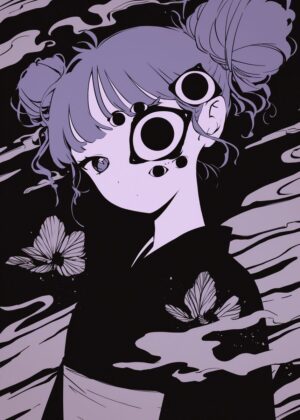 Mysterious Purple-Haired Anime Girl Artwork - Premium Wooden Framed Poster. Ready to Hang.