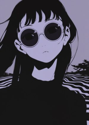 Anime Girl in Sunglasses: Stylish and Mysterious Artwork - Premium Wooden Framed Poster. Ready to Hang.