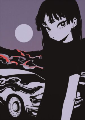 Anime Girl Night Drive: A Stylish and Moody Artwork - Premium Wooden Framed Poster. Ready to Hang.