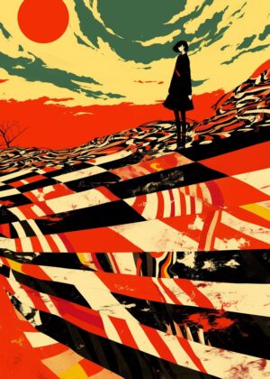 Silhouette in Red Landscape: A Striking Artwork - Premium Wooden Framed Poster. Ready to Hang.