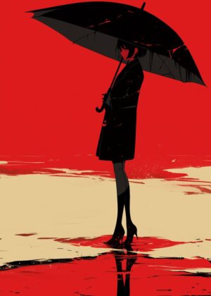 Anime Girl in the Rain: Red and Black Art Print - Premium Wooden Framed Poster. Ready to Hang.